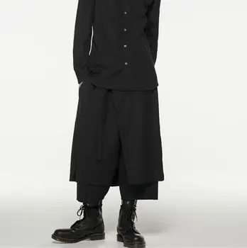 

2019 new tide men loose skirt pants personality irregular fake two straight pants wild casual wide leg pants plus size 27-42