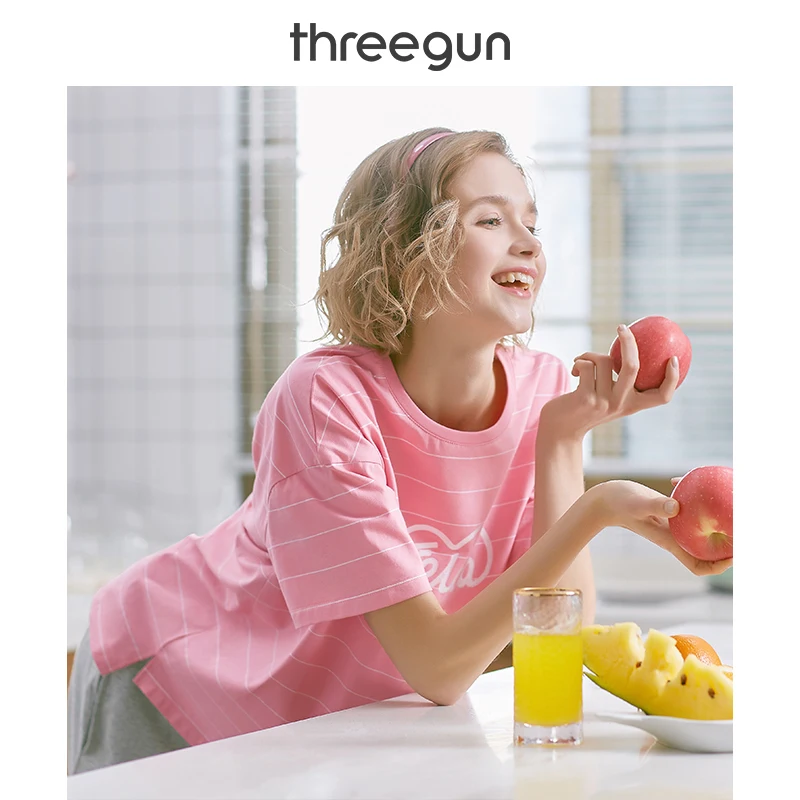 THREEGUN пижамный комплект женская футболка половина штанов костюм стрейч хлопок