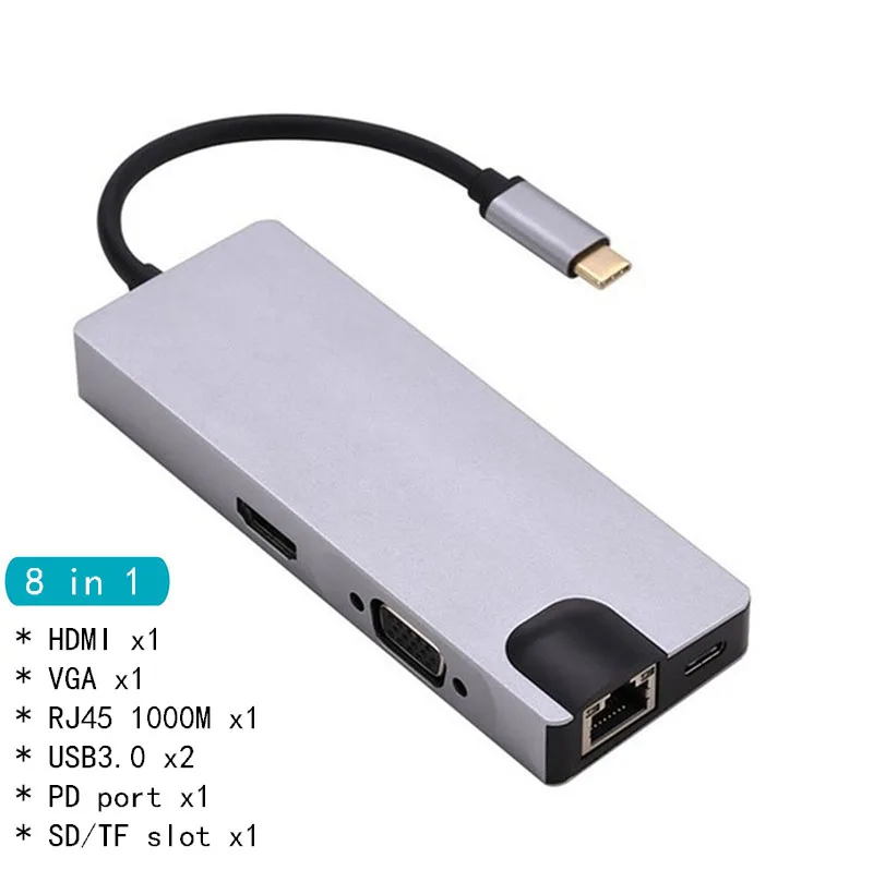 Док-станция с разъемом типа C HDMI VGA USB3.0 power Delivery Hub для ноутбука Macbook Pro hp DELL Surface lenovo samsung s8/s9 - Цвет: 8 in 1 Gray