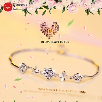 

Qingmos Sterling Silver S925 6 to 8" Trendy Women's Bracelet With Heart Four Leaves Clover CZ Bracelet-bra426 Free Shipping