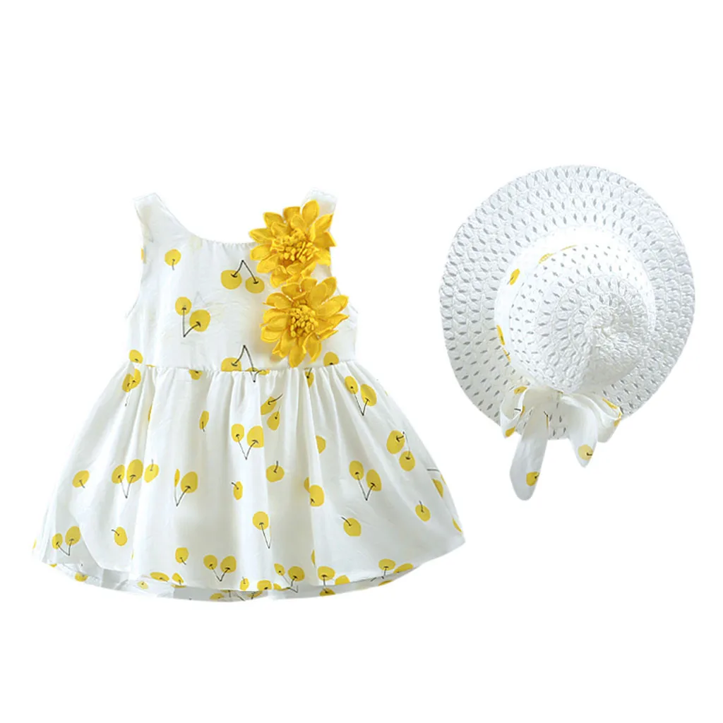 Платье для маленьких девочек платье принцессы с принтом вишни+ шапочка, комплект одежды Детские платья для малышей sukienki/Для девочек