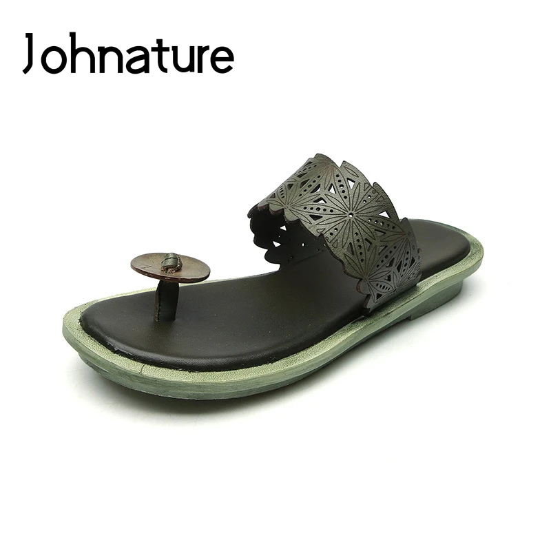 

Johnature New Summer Genuine Leather Solid Slippers Outside Flat With Sandals Casual Fashion Handmade Slides Women Shoes