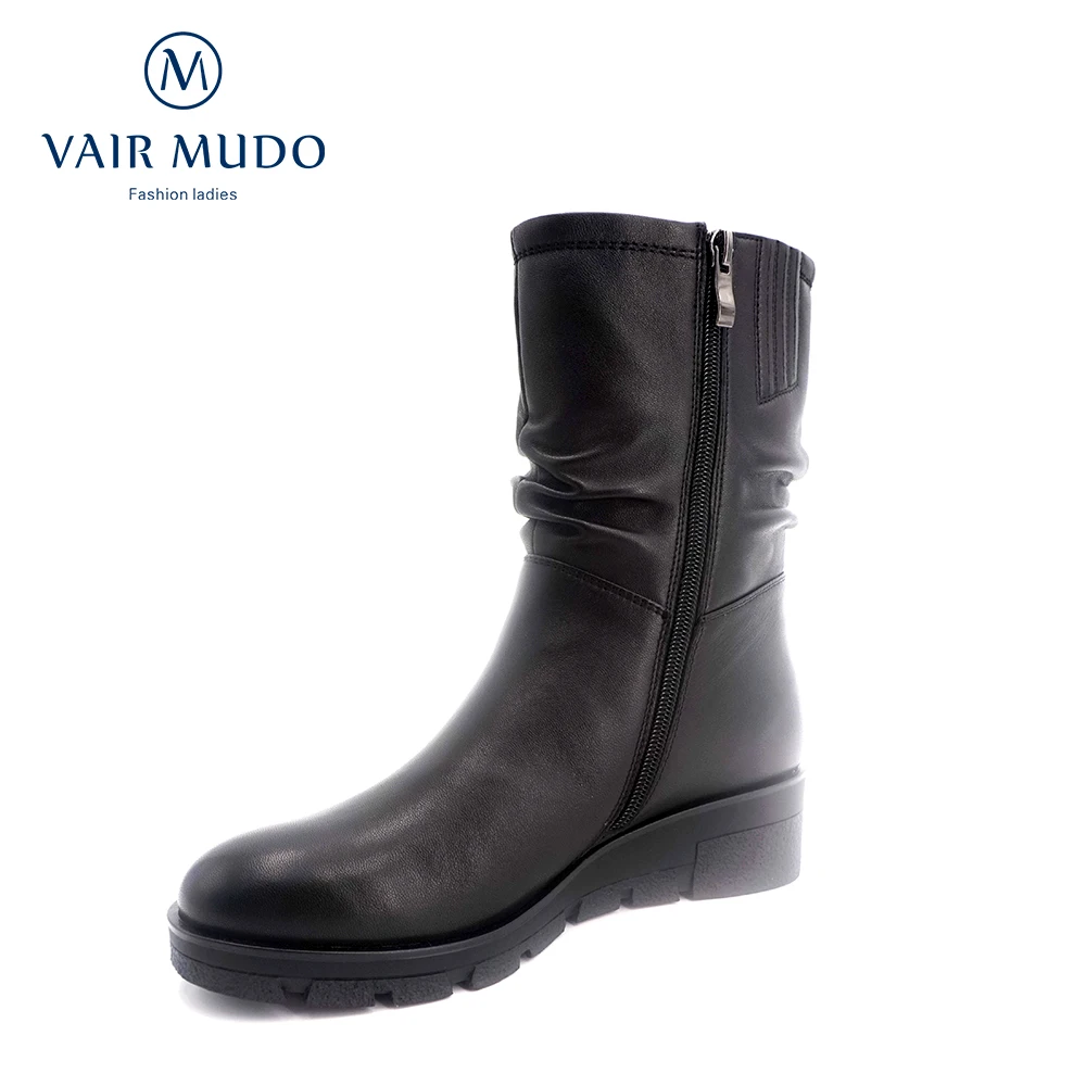 VAIR MUDO New Fashion Black Genuine Leather Winter Boots Short Plush Round Toe Comfortable Low Heel Mid-Calf Sexy Lady Boots JX1
