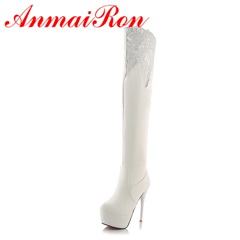 

ANMAIRON Long Boots Shoes Woman High Heels Round Toe Lace Charms Big Size 34-43 Over-the-knee Boots Platform White Shoes