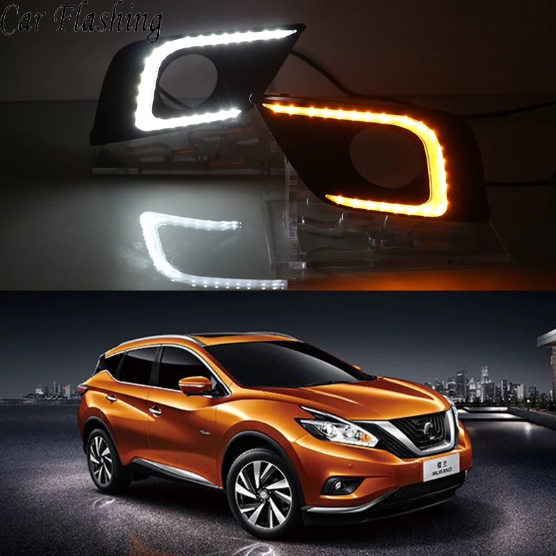 1Pair For Nissan Murano 2015 2016 2017 2018 DRL Daytime Running Lights fog lamp cover Daylight with yellow turn signal |
