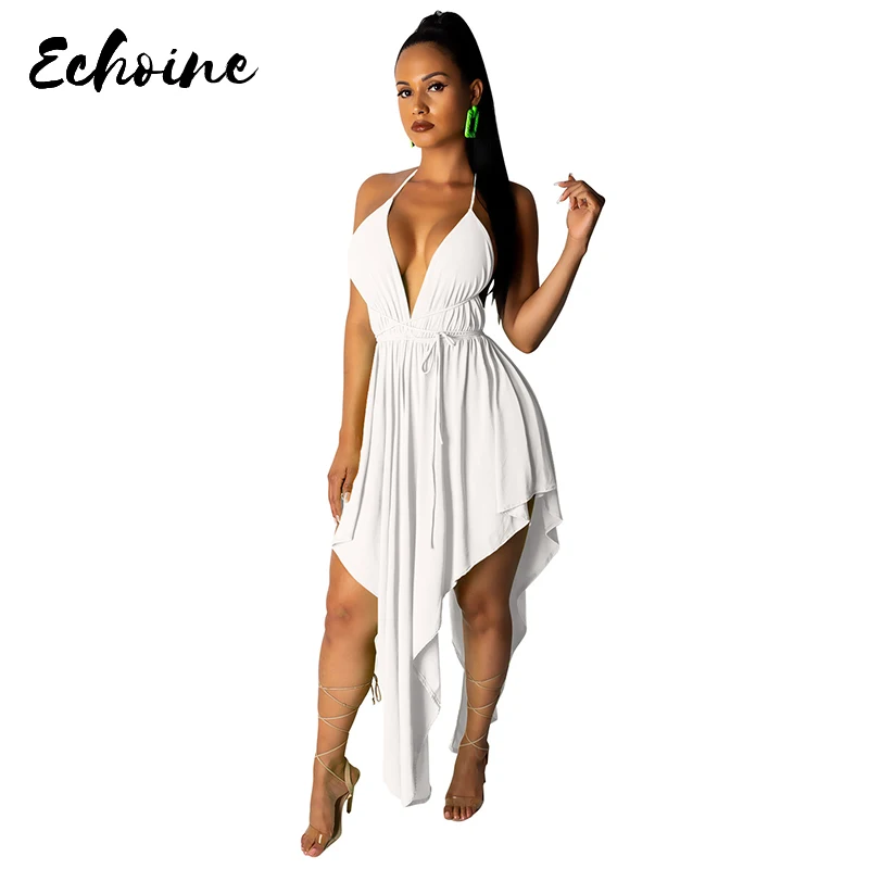 

Echoine Deep V Neck Spaghetti Straps Irregular Backless Party Pleated Dress Women Sleeveless Bandage Plus Size Beach Dresses