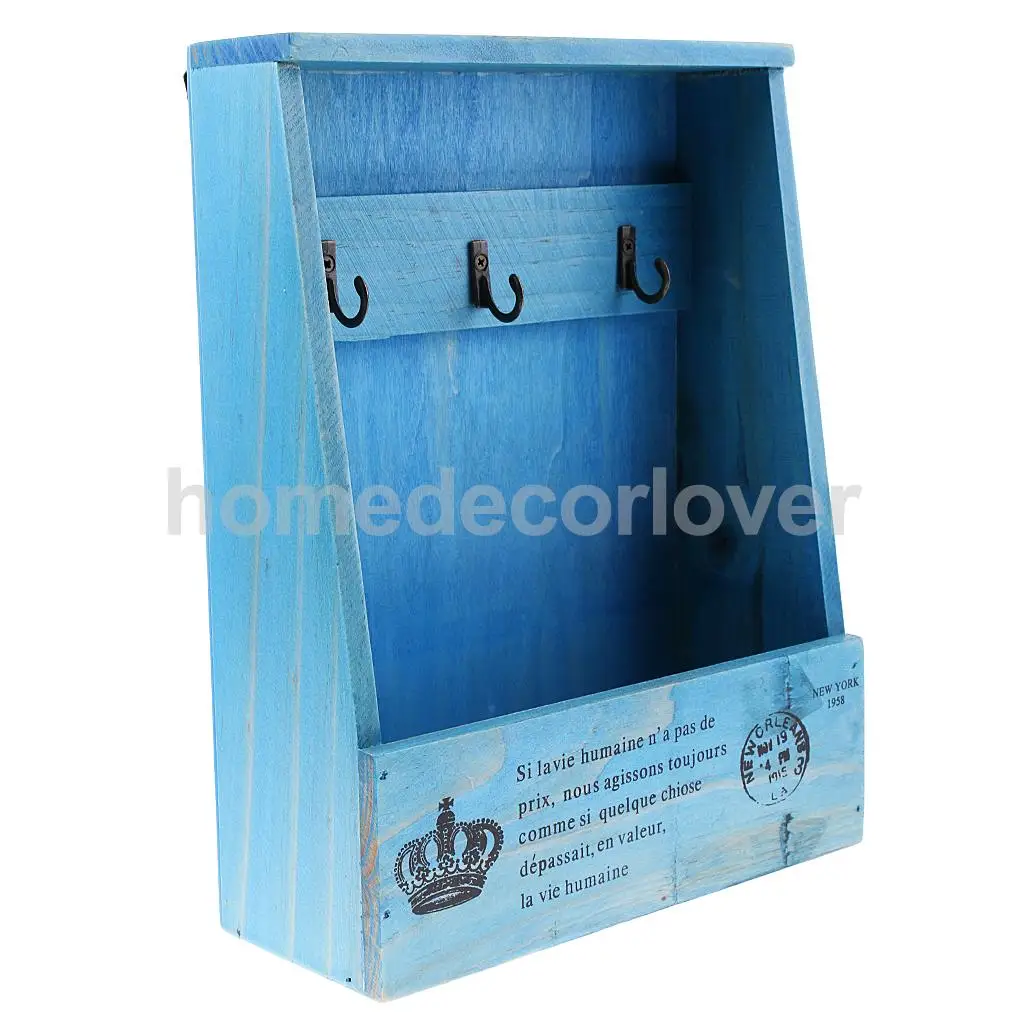 Retro Wall Mount Key Rack Storage Box Shelf Wooden Cabinet Cubby Letter Mail Holder Case
