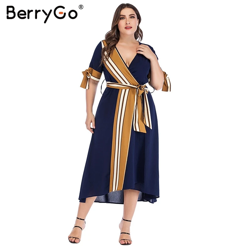 

BerryGo women dresses Elegant striped office ladies dress plus size dress V neck lace up long vestidos splice summer dresses