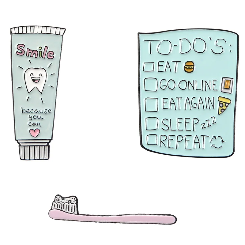 

Cartoon Smile Toothbrush Toothpaste Enamel Pins fashion TO DO List button Badges bag hat Shirt Jewelry trinket for kids friends