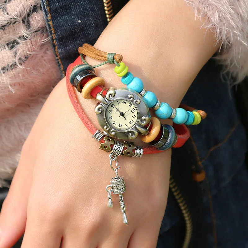 

Gnova Platinum Camel Bell Charm Turquoise beads Genuine Leather women Bracelet Watch Vintage Indian ethnic Retro Wristwatch