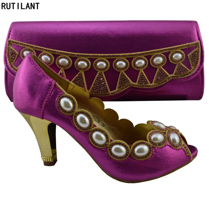 

New Fuchsia Color Matching Italian Shoe and Bag Set Dexorated with Rhinestone African Matching Shoes and Bags Italian In Women