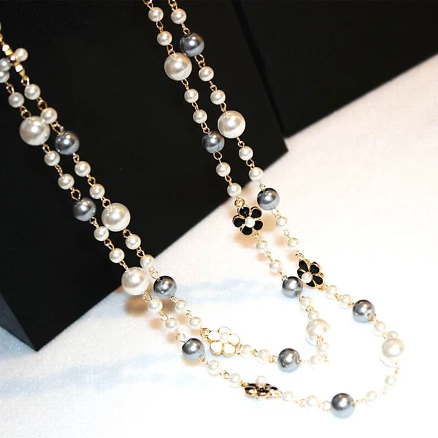 Necklace Long Luxury Camellia, Pearl Flowers Long Necklace