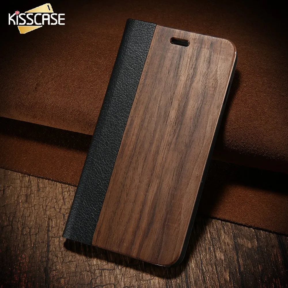 

KISSCASE For iPhone 6 6s Plus Real Wooden Flip Case For iPhone 7 8 Plus Natural Wood PU Leather Phone Cases For iPhone X Coque