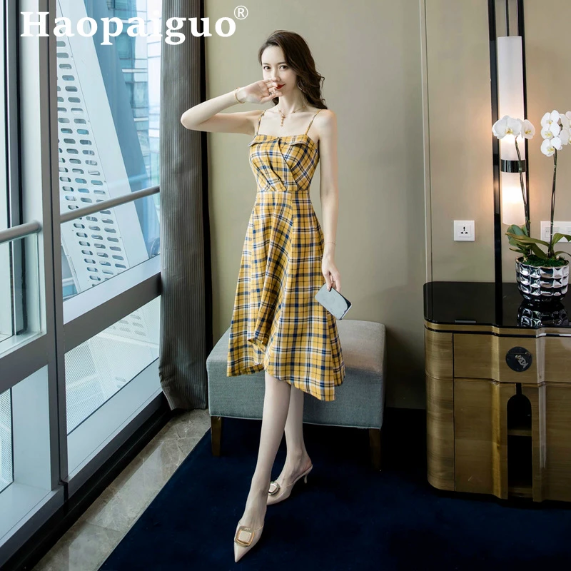 

Korean Style Women's Asymmetric Dresses Summer 2019 Spaghetti Strap Print Plaid Yellow Dress Women Sleeveless Midi Dress Ladies