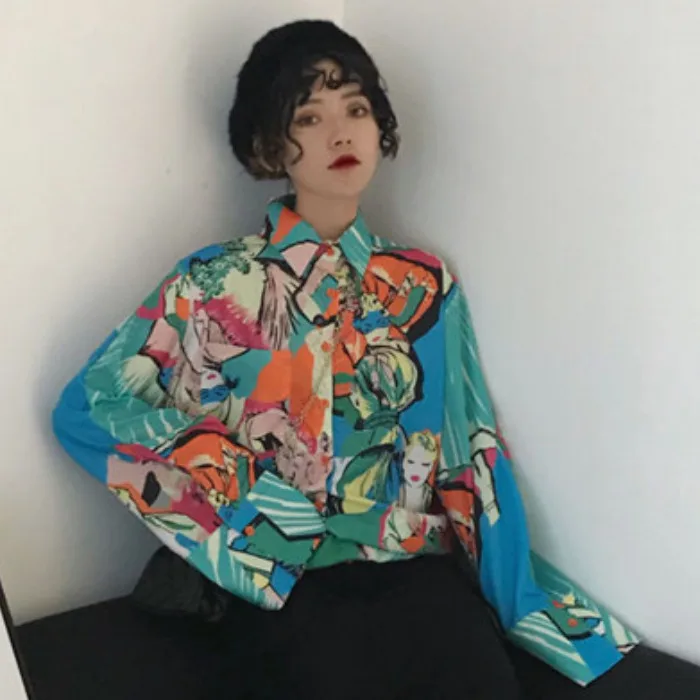Korobov рубашки женские Новая мода мультяшный принт Harajuku женская рубашка с длинным рукавом Свободная Повседневная Mujer Blusas блузка 77273