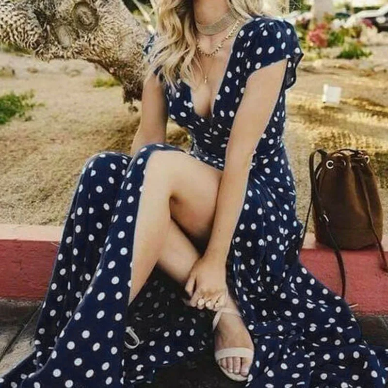 Women Summer Beach Boho Maxi Long Dress Vintage Polka Dot Sexy V Neck Split Femme Casual Party Dresses Short Sleeve Vestidos New