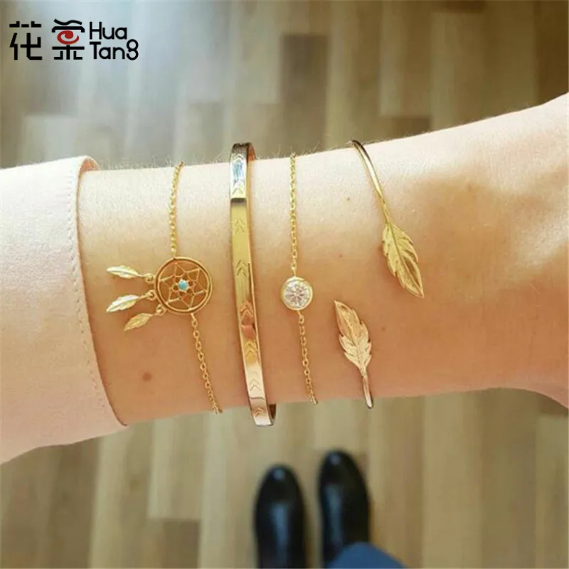 

HuaTang 4pcs/set Fashion Feather Dreamcatcher Charm Bracelets Sets For Women Boho Vintage Gold Chain Bangles Party Jewelry 5812
