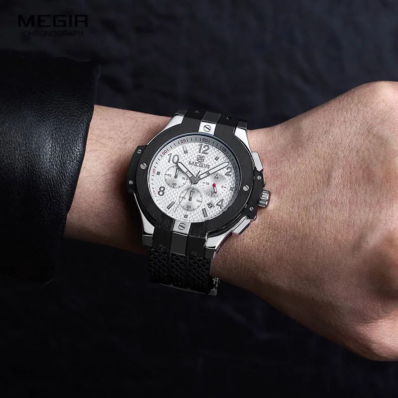

Megir Men's Chronograph 24-hour Display Quartz Watches Silicone Band Waterproof Sports Analogue Wristwatch for Man Boy 2050GBK-7