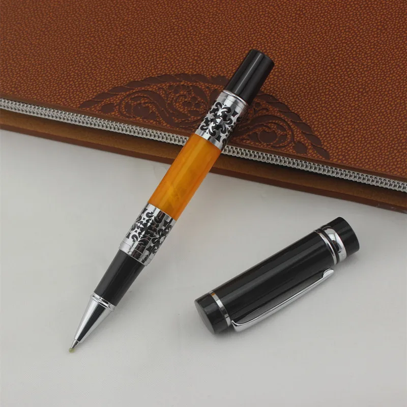 

High Quality Silver Flower Amber Celluloid Rollerball Pen Office Stationery School Supplies Ballpoint Pen