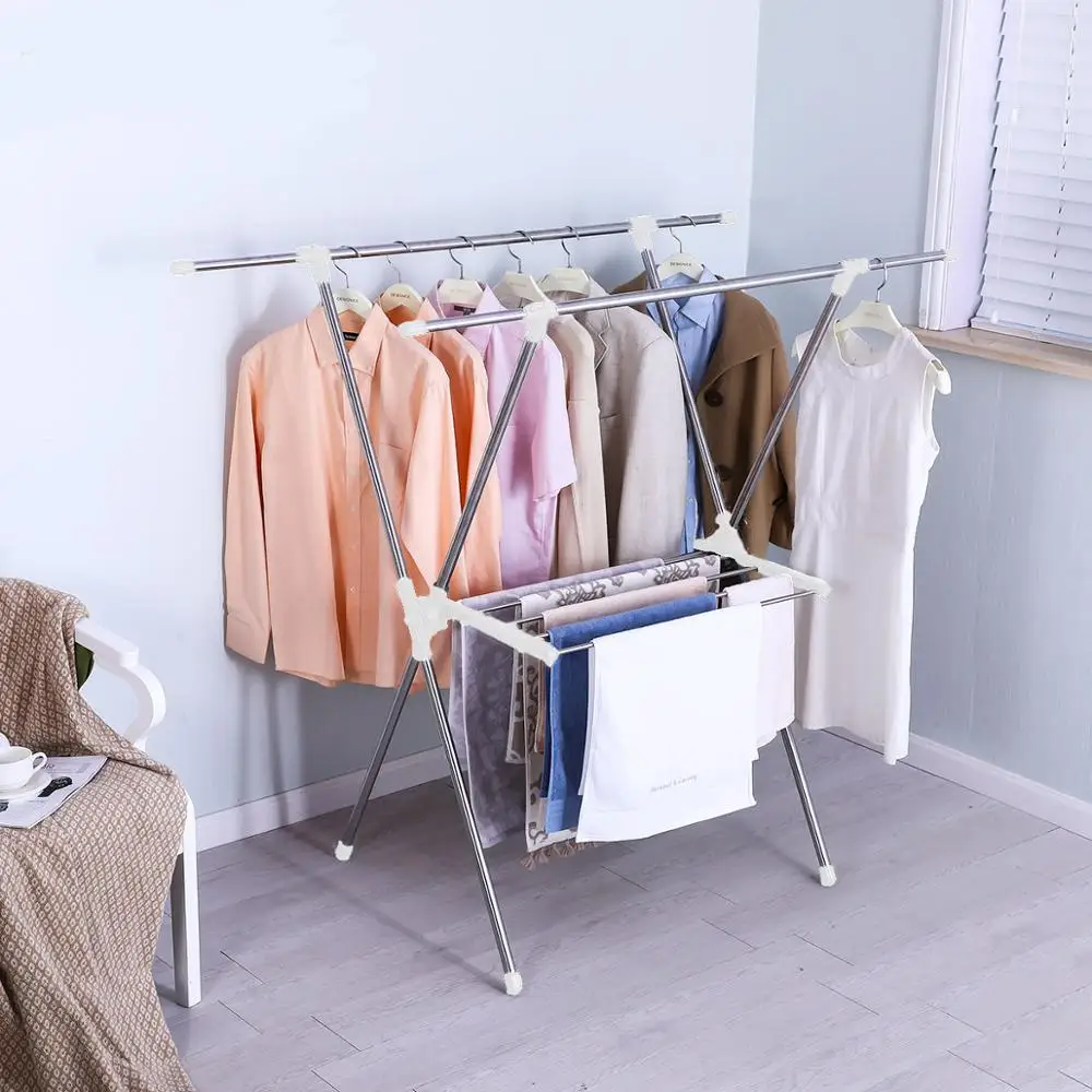 

X Shape Folding Length Telescopic Floor Stand Laundry Rack Balcony Garment Clothes Drying Rack with Towel Pole Outdoor DQ0028E