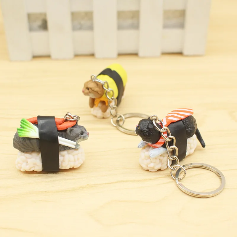 

1pc Cartooon Personality Cat and Sushi Men 's Keychain Car Auto Keyring Metal Keychain Key Ring Pendant Silverware Random Color