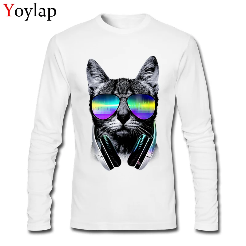 2017 Fashion Men's T Shirt O-Neck Summer Fall Long Sleeve Cotton Fabric Tops Shirts Music Lover Cat V.II Custom Clothing Shirt Music Lover Cat V.II white
