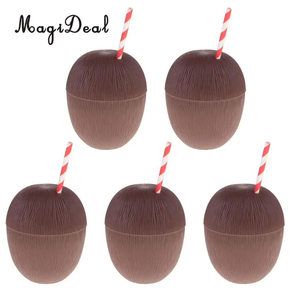 5pcs Hawaiian Plastic Coconut Drink Cup with Straw Luau Summer Beach
