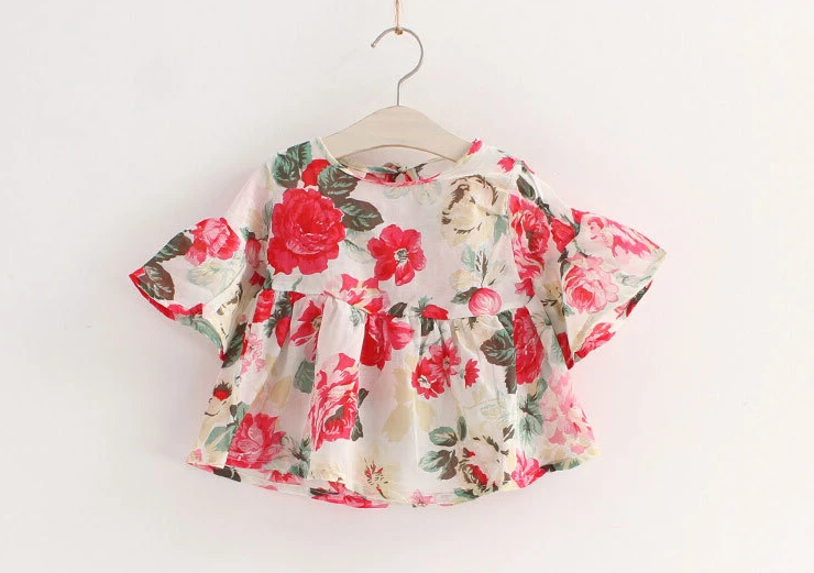 

Bosudhsou #I-14 Summer Baby Girls colorful Short Sleeve Tops Floral Collar Sleeve T-shirts Blouse 3-7Y Children Clothing
