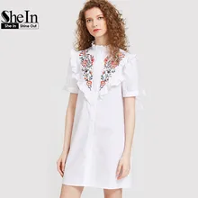 SheIn Ladies Summer Dress 2017 White Short Sleeve Cute A-Line Dress Frill Yoke Tie Sleeve Embroidered Shirt Dress