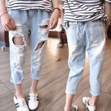 Модные летние рваные джинсы для девочек, брюки с дырками для маленьких детей, одежда с дырками, джинсовые штаны, детские брюки