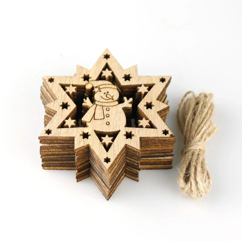 

10PCS Snowman Star Wood Chips 7.5CM Chrismas Tree Pendent Decor Natural Wood Wall Hanging Handmade Craft Wooden Accessories