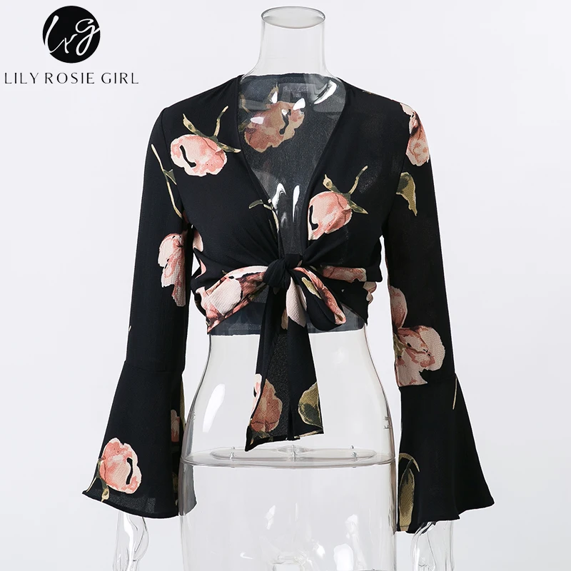 Lily Rosie Girl Bow Tie Crop Sexy Women Blouses Floral Print Long Flare Sleeve Short Shirts Boho Beach Black Shirt Ladies Blouse