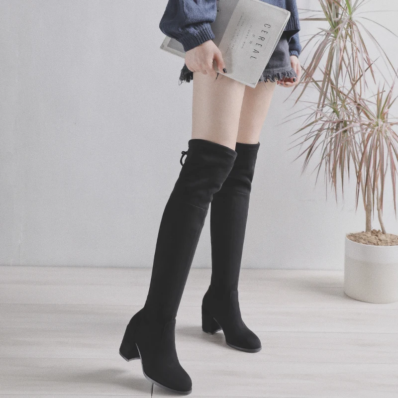 Koop 34 43 Big Size Laarzen 2018 Winter Flock Leer Vrouwen Over De Knie Laarzen Lace Up Sexy Hoge Hakken vrouwen Schoenen Zwart Laarzen Warm