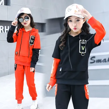 

Girls 4-12 Years Autumn Hooded Casual Sports Patchwork Hoodies 2 PCS Set (Hoodie+ Long Pant) Fashion Letter V Hoodies Suits