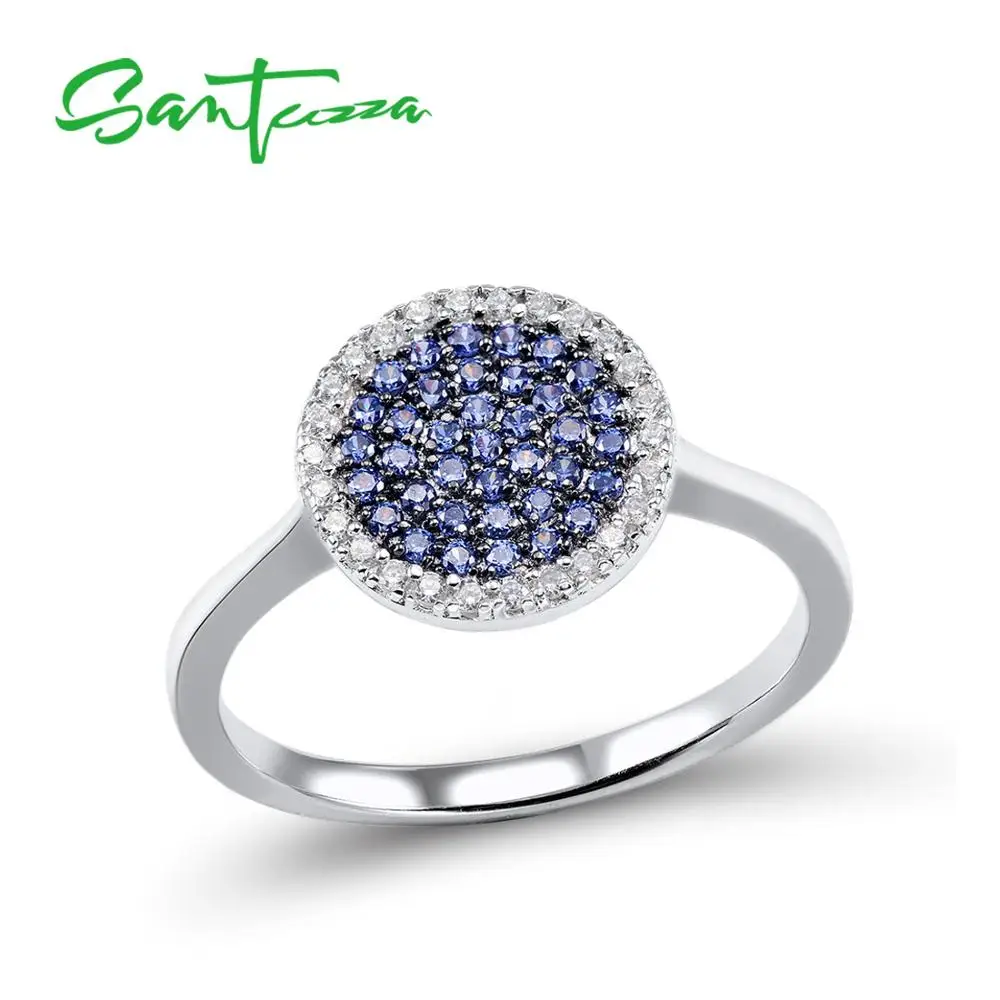 

SANTUZZA Silver Ring For Women 925 Sterling Silver Circle Ring for Women Blue Nano Cubic Zirconia Ringen Party Fashion Jewelry