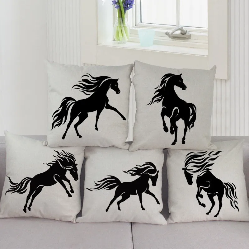 

17 Inches Simple Style Black Running Horse Cotton Linen Throw Pillow Cover Sofa Car Cushion Cover Home Decoration Cojin
