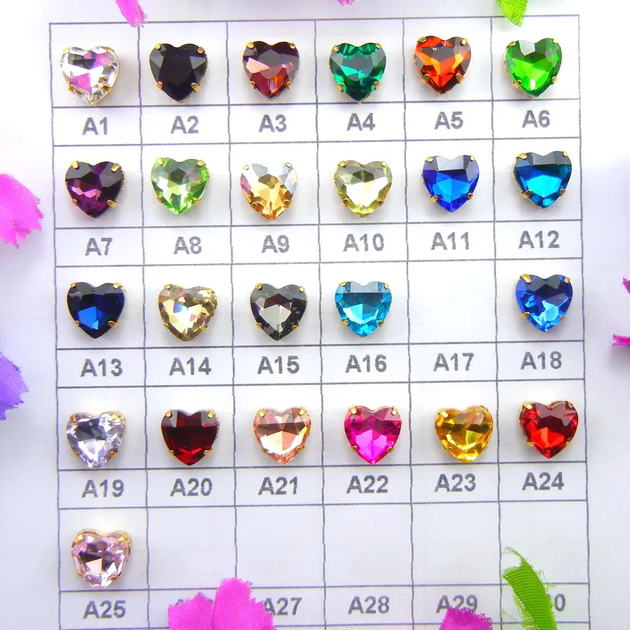 

Glass Crystal Gold claw settings 7 Sizes Various colors mix heart shape Sew on rhinestone beads clothes hair pin shoes diy