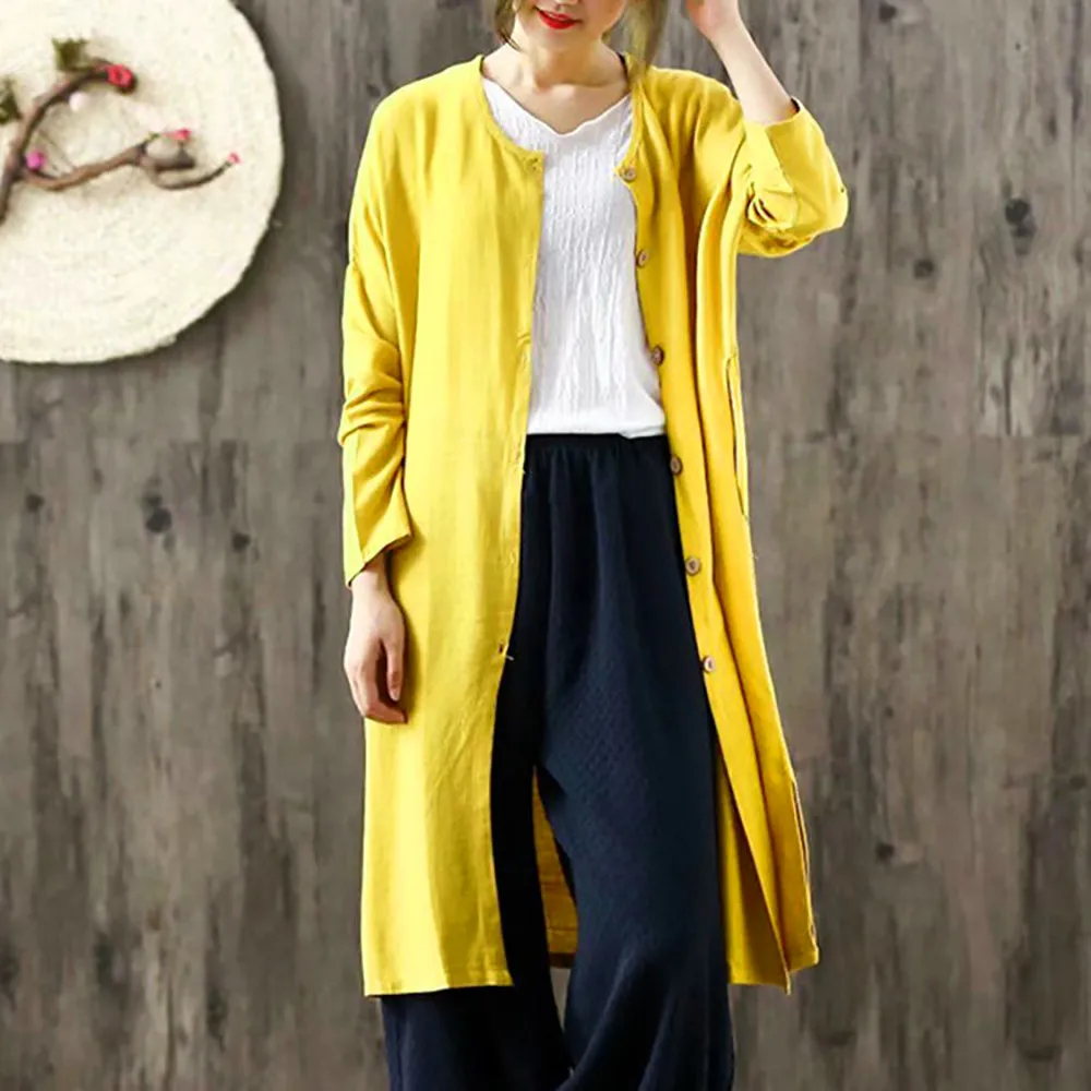 

Women vintage Casual Cardigan Long Sleeve Solid Button kimono Long Cardigan Coat women spring loose jacket 2019 black red yellow