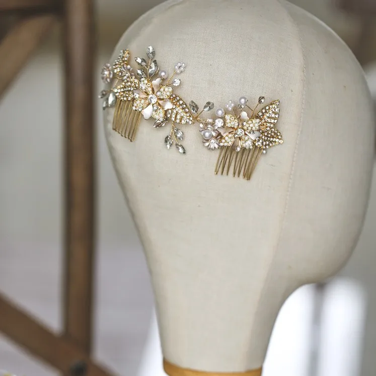 Jonnafe нежный свадебное украшение волосы золотые украшения цветочный свадебный гребень для волос ручной работы Для женщин аксессуары