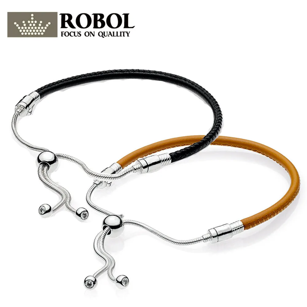 

Original 925 Silver Charm Sliding Sliding Golden Tan Black Leather Bracelet, Clear CZ High Quality Leather Female Charm Bracelet
