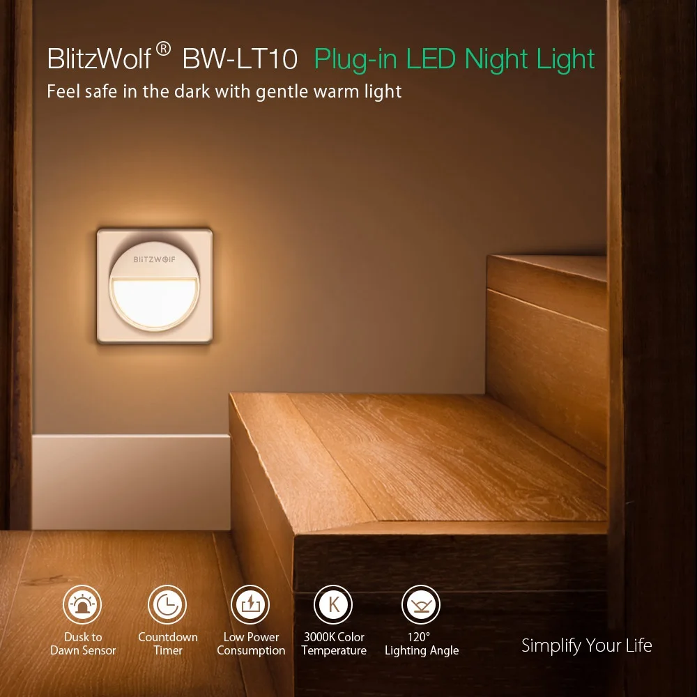 BlitzWolf BW-LT10, светильник для умного дома, светильник с датчиком для ночного видения, 3000 K, цветовая температура, 20 люменов, светильник ing, 120 градусов, ночная лампа