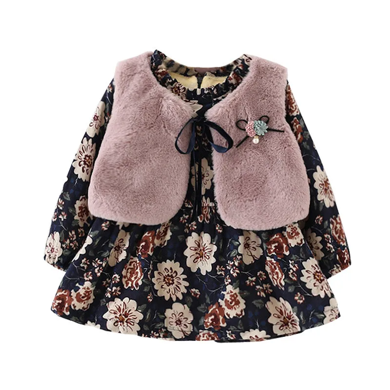 

2017 Children's Wear Set Baby Girls' Clothes Autumn and Winter Children's Plush Vest Dress Two-piece Female Baby Winter Clothes