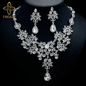 

TREAZY Sparkling Rhinestone Crystal Flower Waterdrop Necklace Earrings Set for Women Bridesmaid Bridal Wedding Jewelry Sets