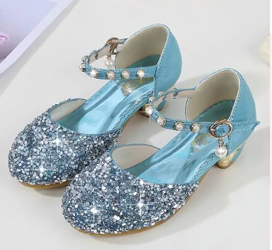 Г. Новые блестящие стразы на высоком каблуке для девочек, танцевальная обувь из искусственной кожи детская обувь для выступлений с жемчугом фиолетовый розовый серебряный - Цвет: blue