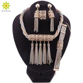 

New Gorgeous African Vintage Jewelry Sets Gold Color Tassel Necklace Earrings Set Wedding Fashion Dubai Jewelry for Women