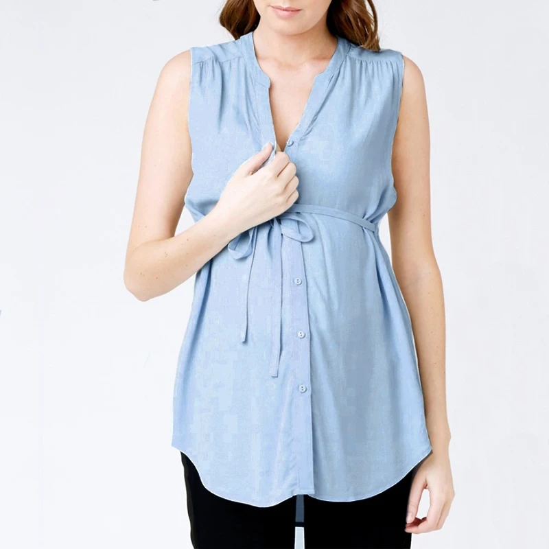 VONDA Maternity, женские летние рубашки, сексуальный v-образный вырез, без рукавов, повседневные свободные блузы для беременных, топы размера плюс, асимметричный, 5XL - Цвет: Light Blue