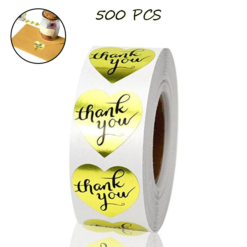 

500PCS Gold Heart Shaped thanks you Stickers Hand Made Package seal labels for Wedding, Gift or Birthday Invitation Envelopes