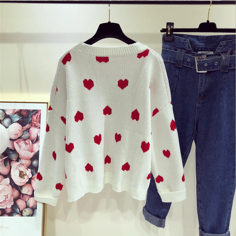 Women Red Heart Oversize Sweet Pullover Sweaters Femme Round Neck Long
