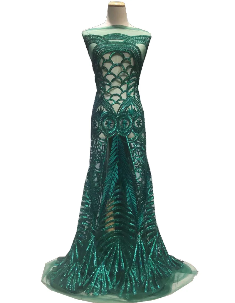 

Free shipping (5yards/pc) excellent embroidered French lace fabric green African sequins lace fabric for attractive dress FNS132