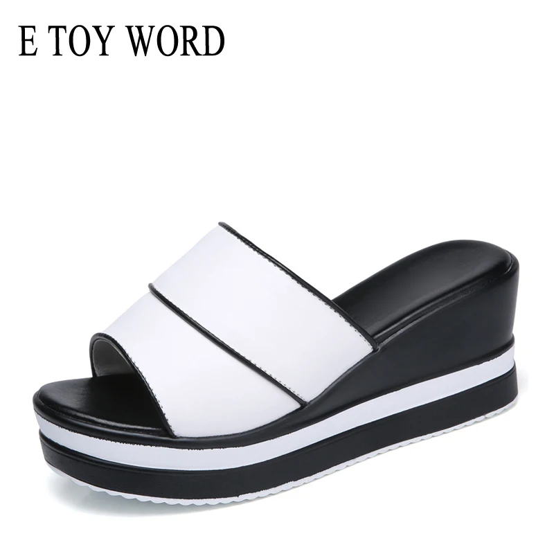 E TOY WORD Summer women slippers genuine leather Open Toe High heel slides Women Wedges slippers black white flip flops sandals